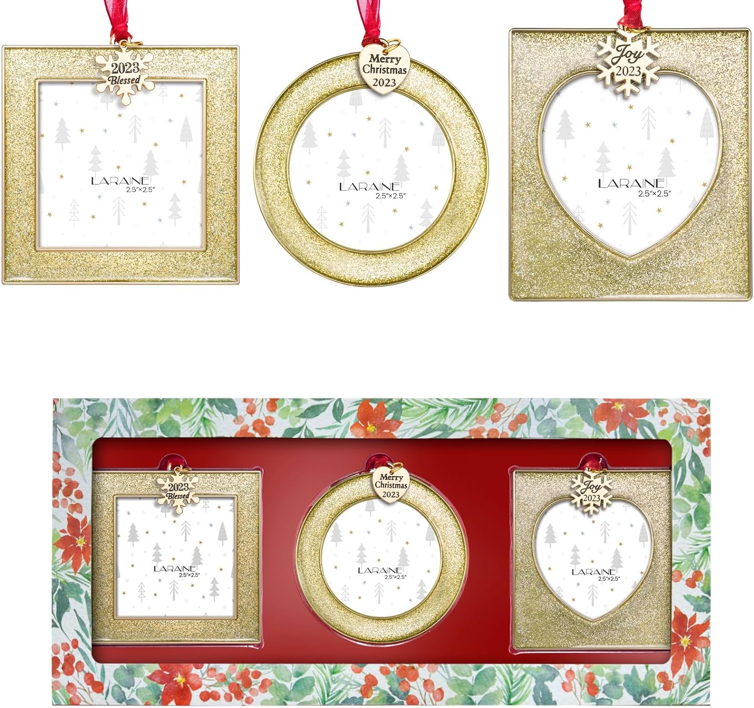 Laraine Christmas Tree Ornaments 3 Pieces �C Decorative Hanging 2023 Plaid Pendant with 2.5�� Picture Frame Insert for Baby and Pet Holiday Keepsake Gift (Gold (2023))