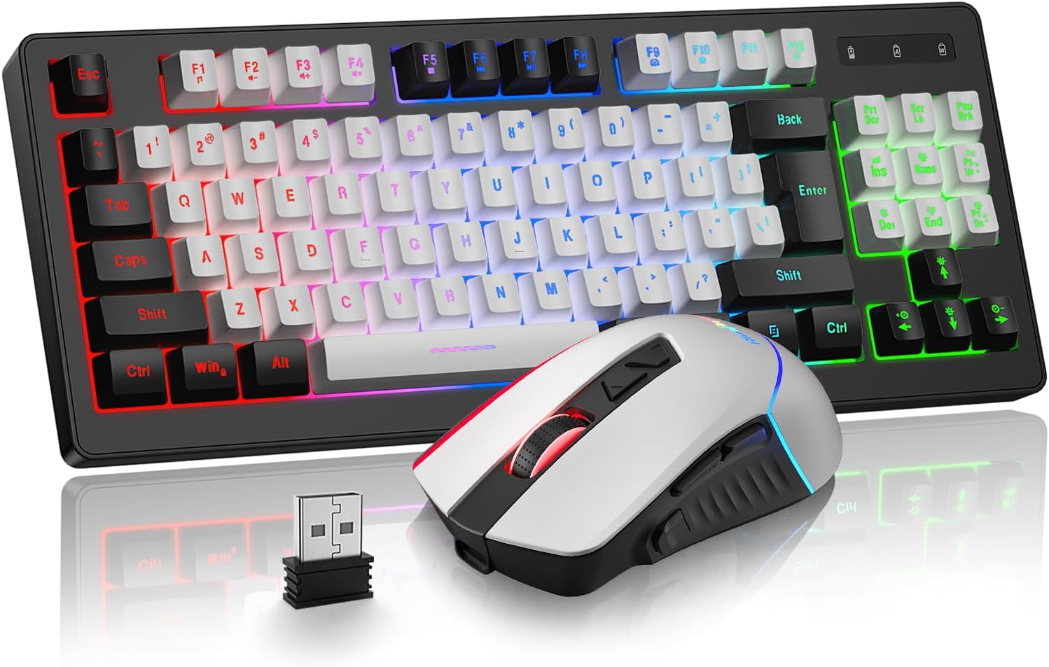 Wireless Gaming Keyboard and Mouse Combo, RGB Rainbow Backlit Rechargeable Battery, 87 Keys TKL Light Up Keyboard with Ergonomic Gaming Mouse for Mac Laptop Computer PC Gamer(Black & White)