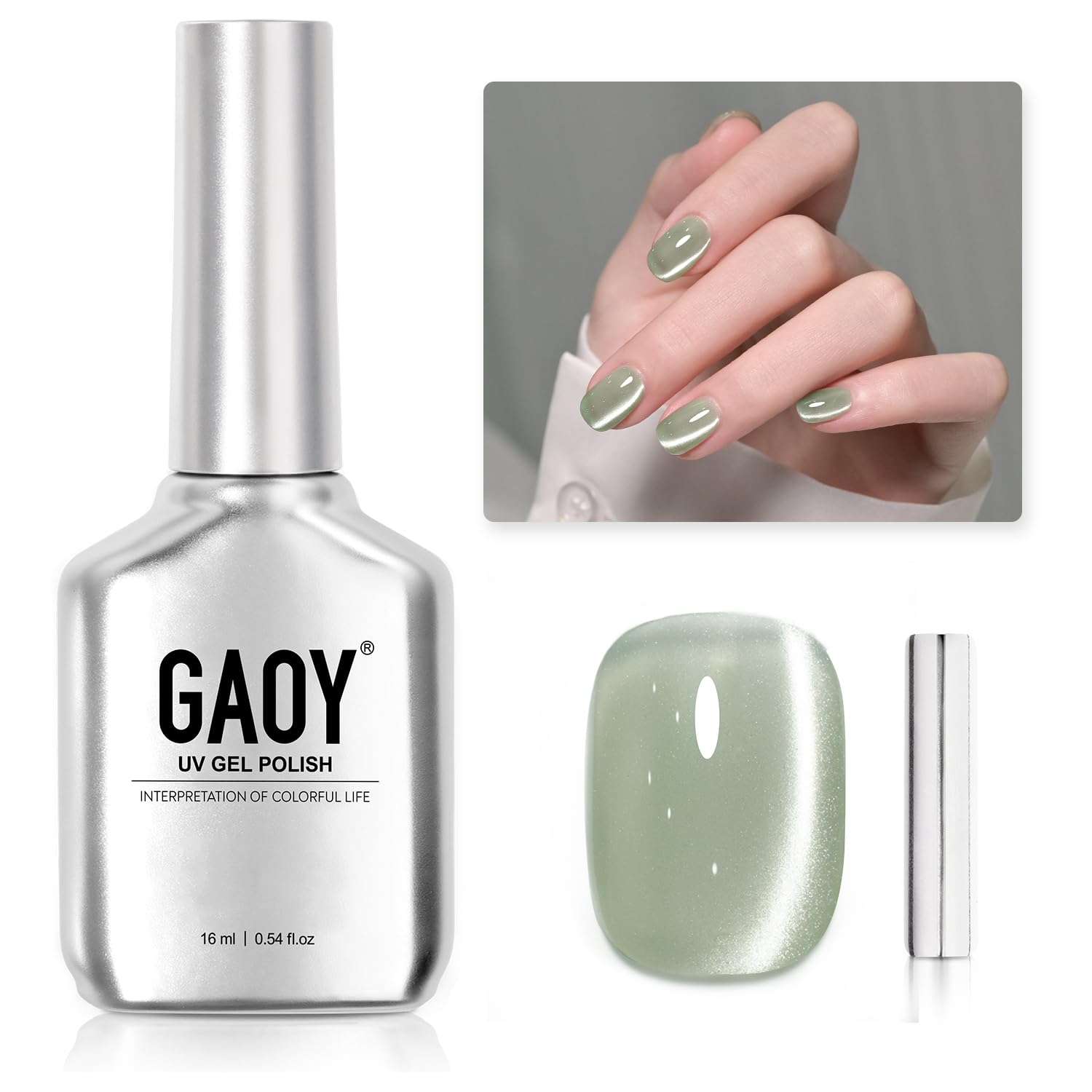 GAOY Green Glassy Cat Eye Gel Nail Polish, 16ml Glitter Holographic Nail Polish with Magnet, Reflective Translucent UV Gel, 2335 Green Jade