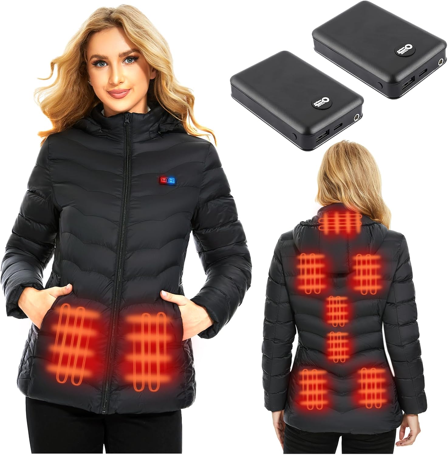 Heated Jacket for Women with 2PCS 10000mAh Power Bank,9 Heating Areas Slim Fit Jackets