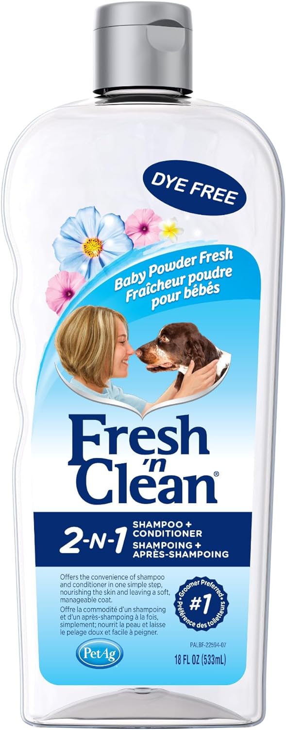 Pet-Ag Fresh n Clean 2-N-1 Conditioning Shampoo, Baby Powder Scent - 18 oz - Moisturizes with Vitamin E & Aloe Vera - Strengthens & Repairs Coats - Soap Free