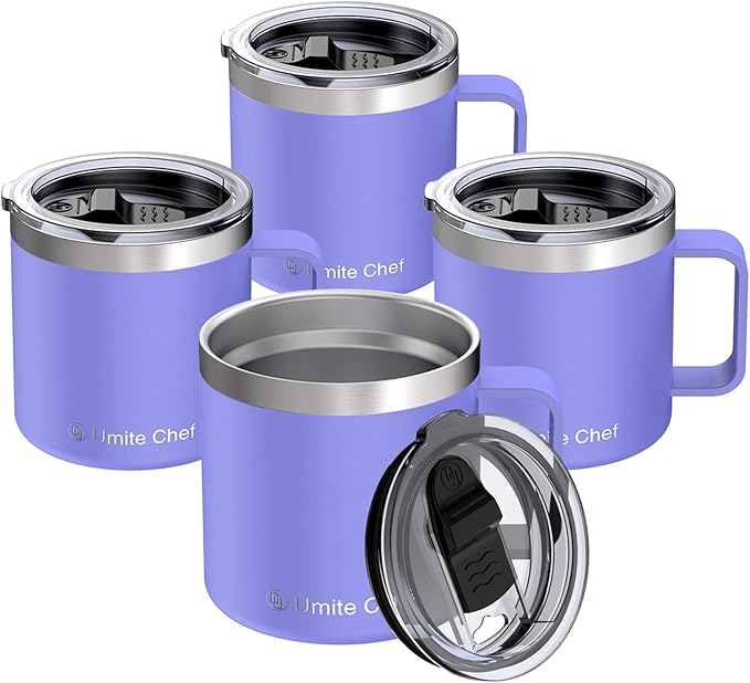 Umite Chef 14oz Stainless Steel Insulated Coffee Mug with Handle, Double Wall Vacuum Tumbler with Sliding Lid Travel Friendly, Lavender, 4 Pack