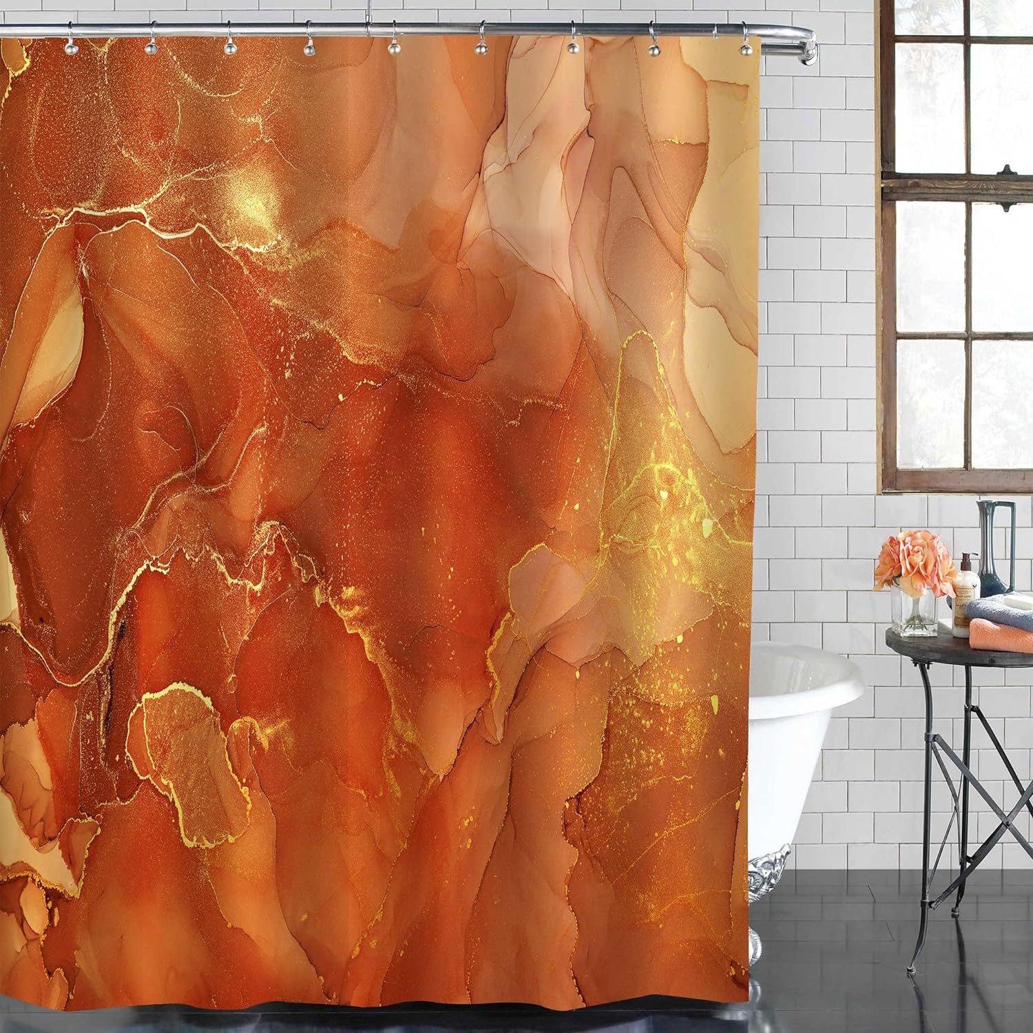 Gibelle Orange Shower Curtain, Abstract Marble Fabric Shower Curtain for Bathroom, Modern Ombre Watercolor Ink Art Shower Curtain Set with Hooks, 72 x 72