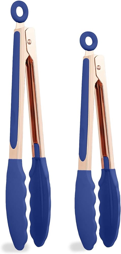 COOK with COLOR Stainless Steel Silicone Tipped Kitchen Food BBQ and Cooking Tongs Set of Two 9 and 12 for Non Stick Cookware, BPA Fee, Stylish, Sturdy, Locking, Grill Tongs, Rose Gold (Blue)