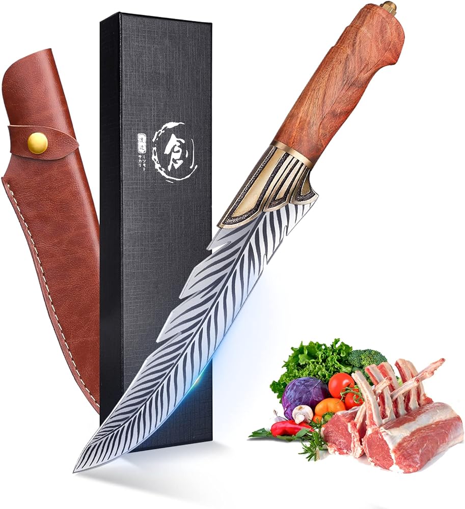 PURPLEBIRD Feather Boning Butcher Knife with Leather Sheath Hand Forged Japanese Viking Knife Outdoor Knife Carbon Steel Meat Cutting Cleaver for Camping, BBQ, Collection