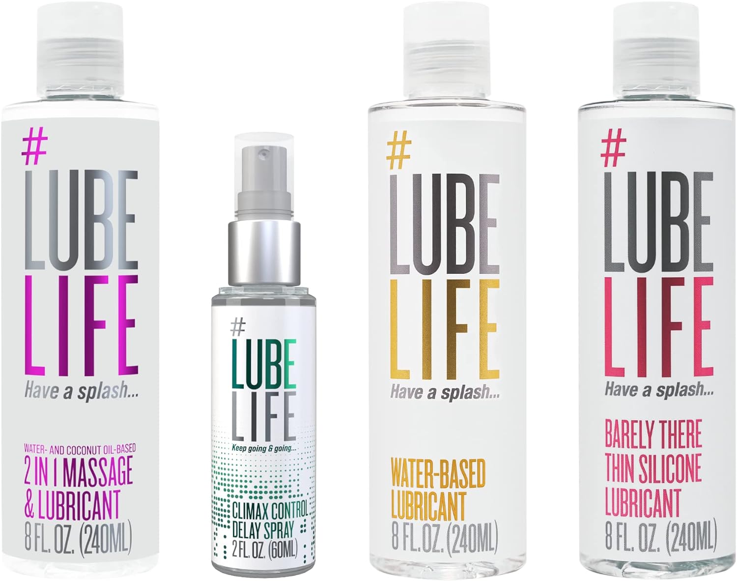 Lube Life Staycation Combination, 2-in-1 Massage & Lubricant 8 Fl Oz, Climax Control Delay Spray 2 Fl Oz, Water-Based Lubricant 8 Fl Oz, Barely There Thin Silicone Lubricant 8 Fl Oz, For Men, Women, a