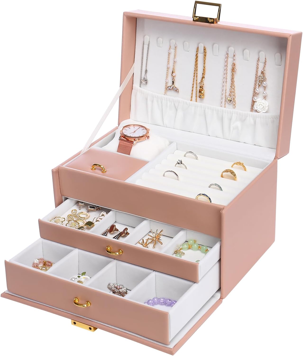 MOSISO Jewelry Box for Women, PU Leather Jewelry Organizer Large Capacity Three-Layers Jewelry Display Holder Storage Case for Necklace Earring Bracelet Ring Watch Brooch, Pink