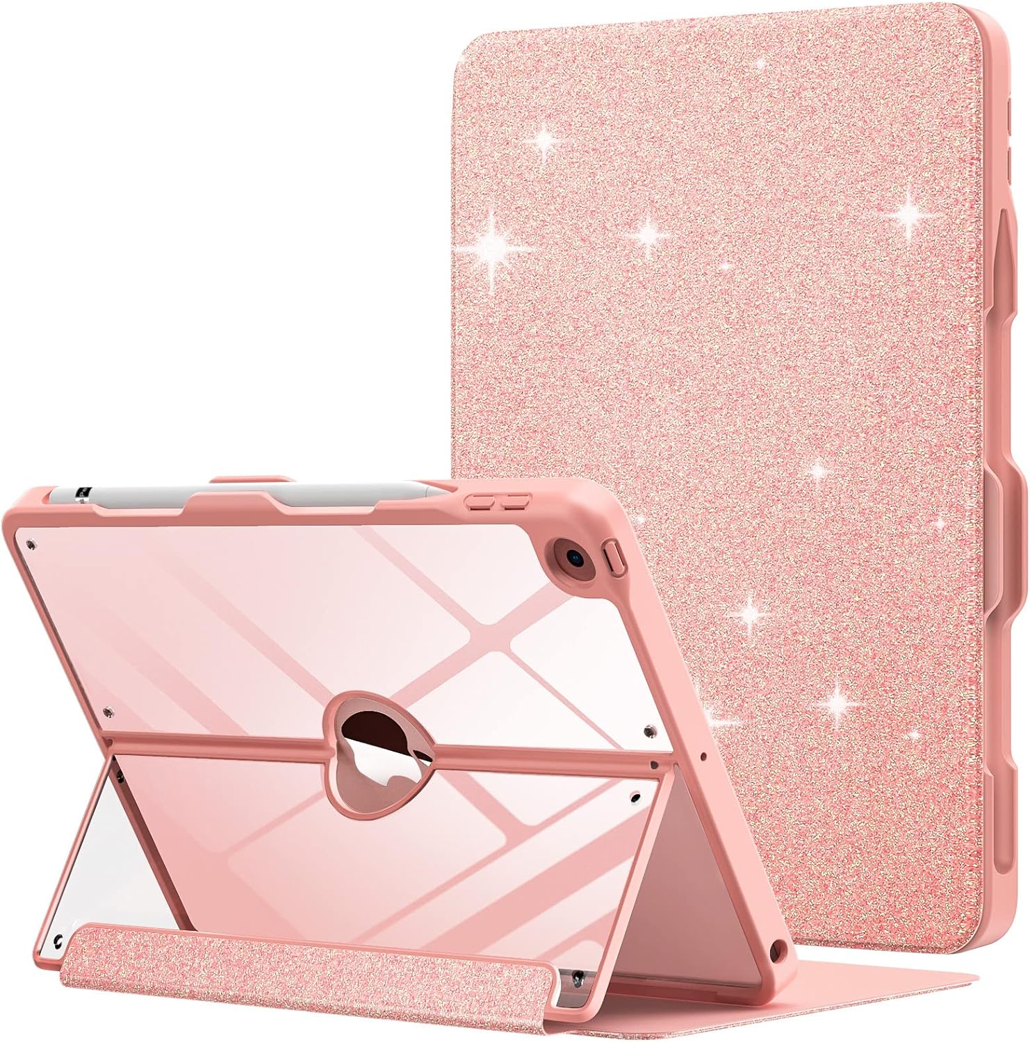 MoKo Case for iPad 9th Generation with Pencil Holder, iPad 8th/7th Gen Case 10.2-inch, Built-in Screen Protector Clear Back, Multi Angle Viewing Stand, Auto Wake/Sleep, Glitter Light Pink