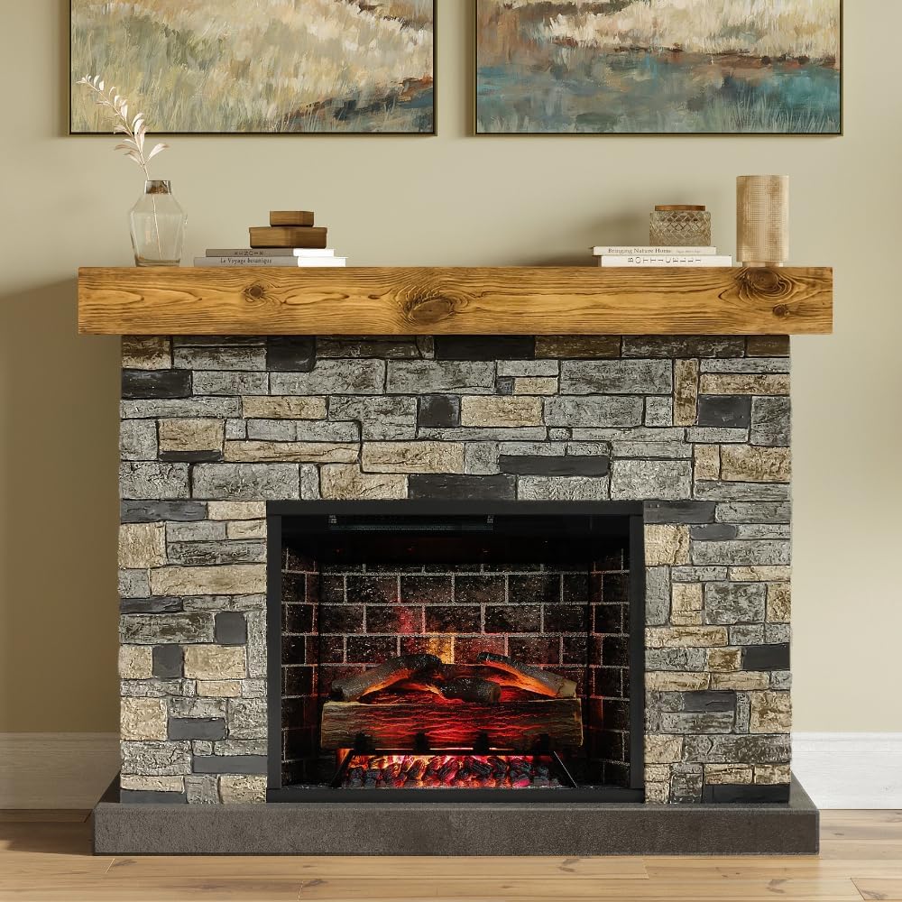 Country Living Dixson 55 Inch Wood Mantel with Faux Stone Brick Surround & 28 Smart Electric Fireplace | 55 W x 16 D x 43 H