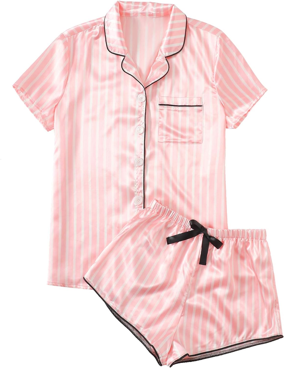 WDIRARA Women' Sleepwear Satin Short Sleeve Shirt and Shorts Pajama Set