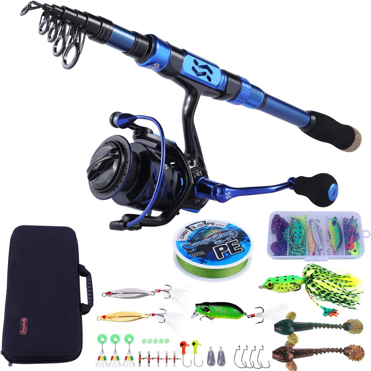 Sougayilang Fishing Rod and Reel Set Carbon Fiber Telescopic Fishing Rod 12+1BB Spinning Reel with Carry Case for Saltwater Freshwater