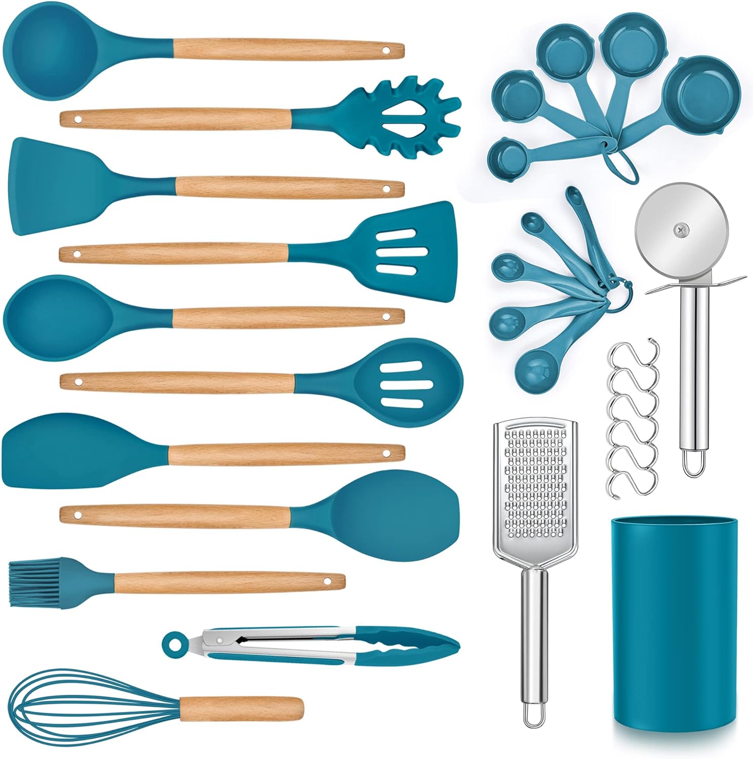 LIANYU 30 PCS Silicone Cooking Utensils Set with Organizer, Wooden Handle Kitchen Utensils Set, Silicone Kitchen Cooking Tool, Cookware with Holder, Dark Blue