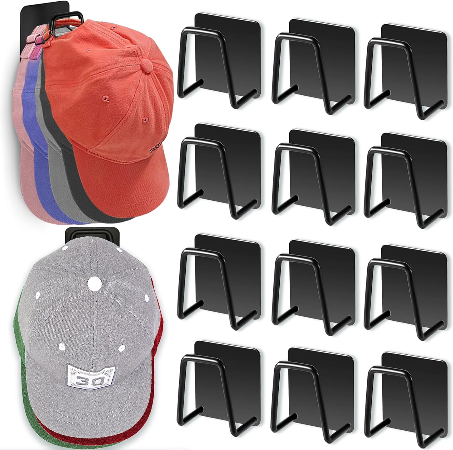 Hat Rack for Wall Hat Organizer (12-Pack), Metal Hat Racks for Baseball Caps, Adhesive Hat Hooks for Wall, Hat Hangers for Closet Hat Holder Display, Hat Storage for Baseball Caps