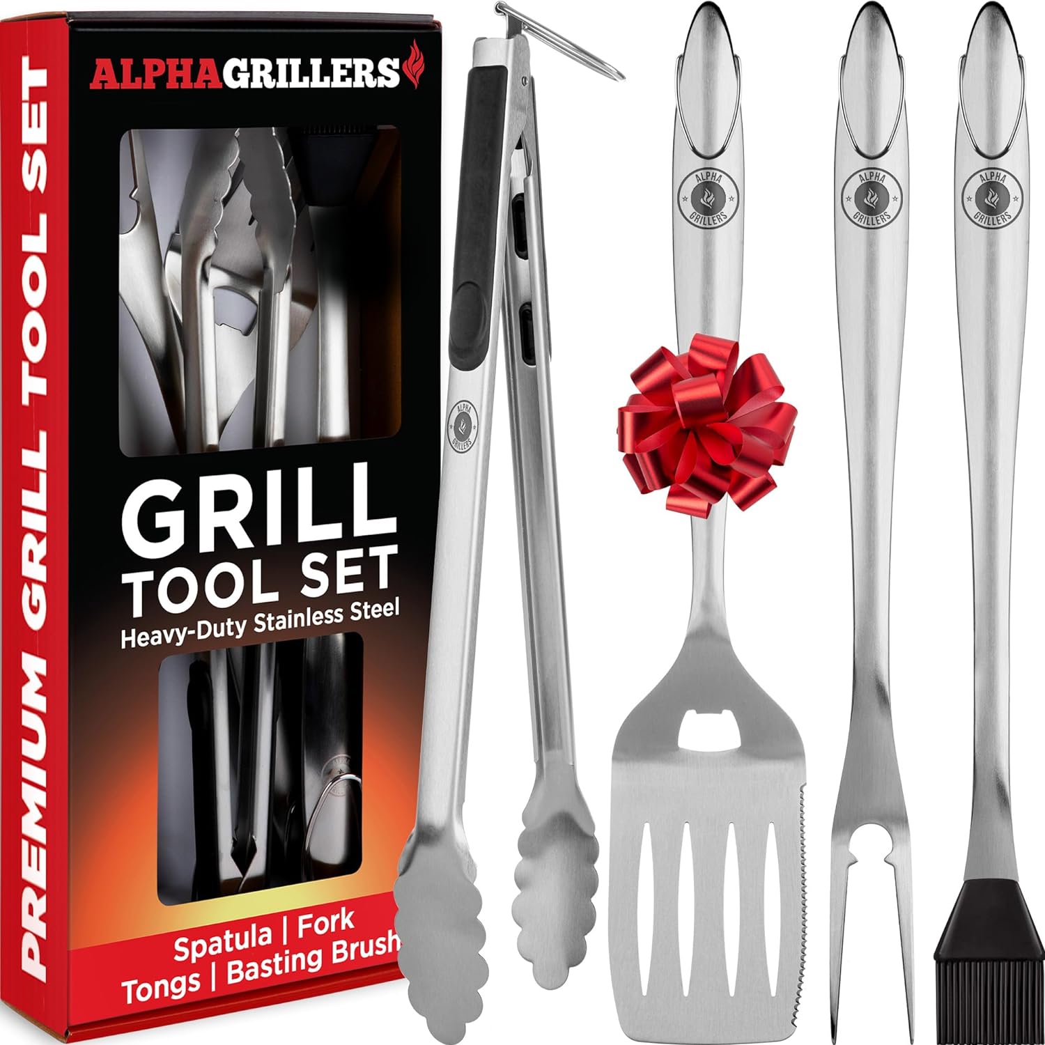 Alpha Grillers Grill Set Heavy Duty BBQ Accessories - BBQ Gifts Tool Set 4pc Grill Accessories with Spatula, Fork, Brush & BBQ Tongs - Grilling Cooking Gifts for Men Dad Durable, Stainless Steel