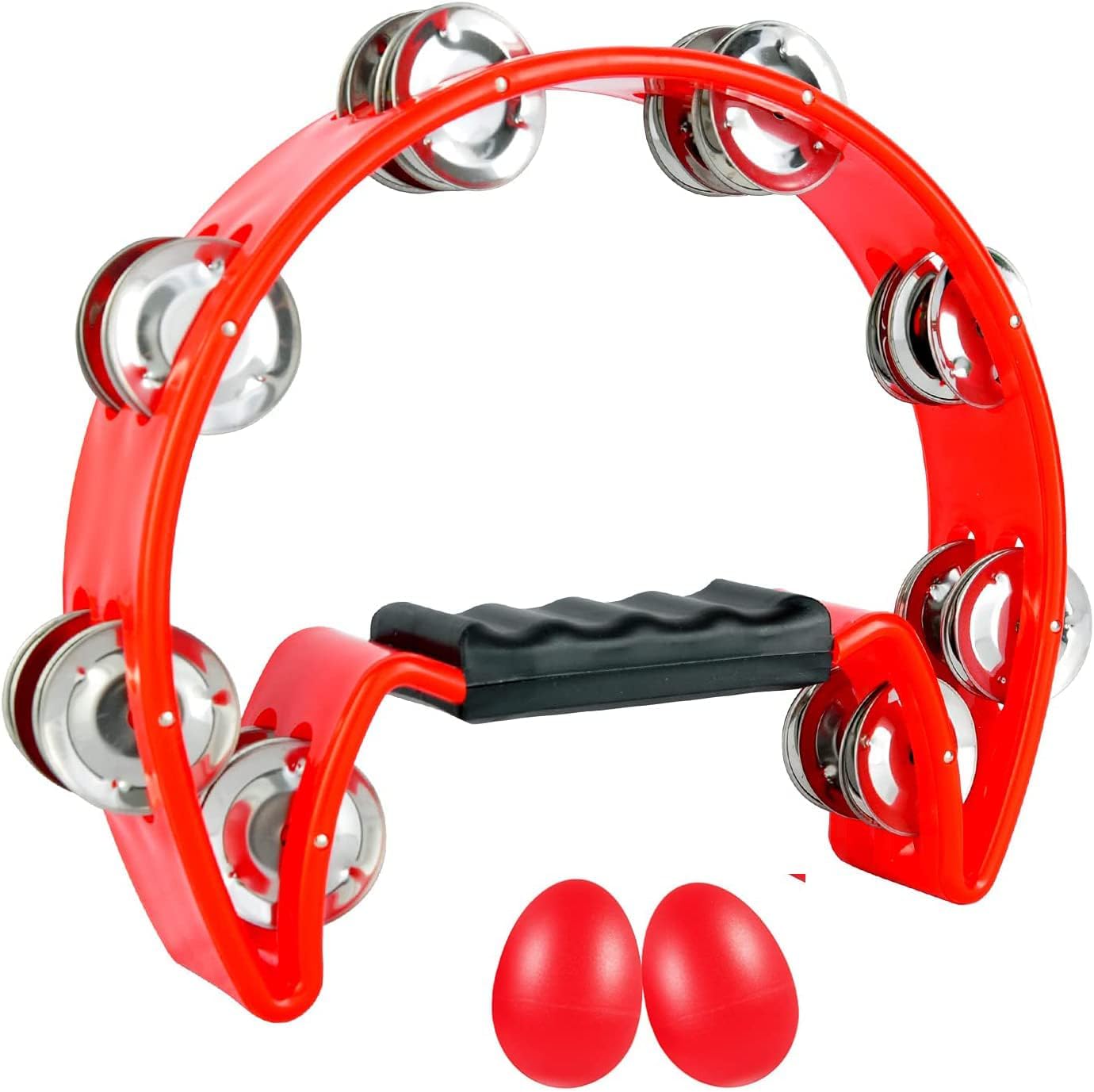 EastRock Tambourine Metal Jingles Hand Held Percussion Half Moon Tambourine for Kids, Adults, KTV, Party Red