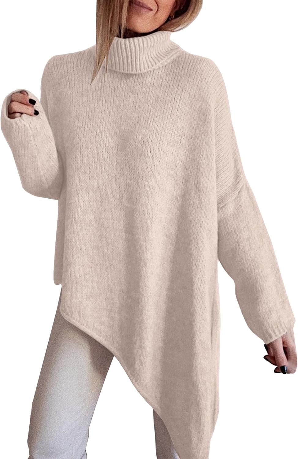 BTFBM Women Long Sleeve Turtleneck Knit Sweater Asymmetric Hem Oversized Fall Winter Sweaters Casual Pullover Jumper