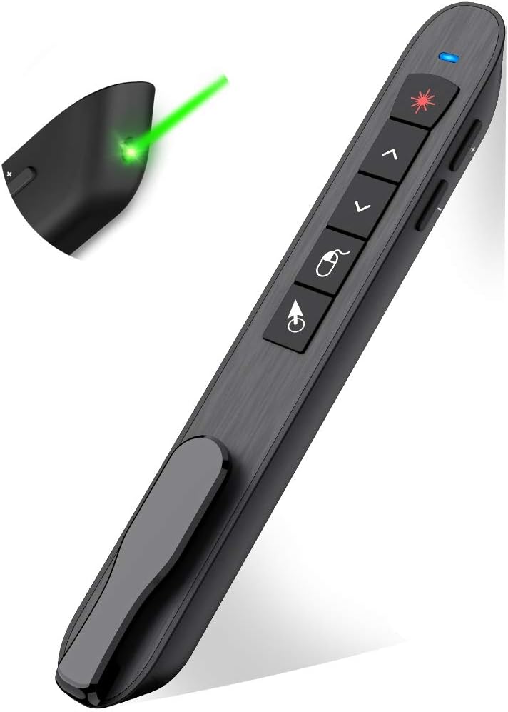 Air Mouse Green Light Presentation Remote Control USB Rechargeable Presentation Clicker Wireless Presenter RF 2.4 GHz Powerpoint Clicker Slide Advancer Changer Mac/Laptop/Computer