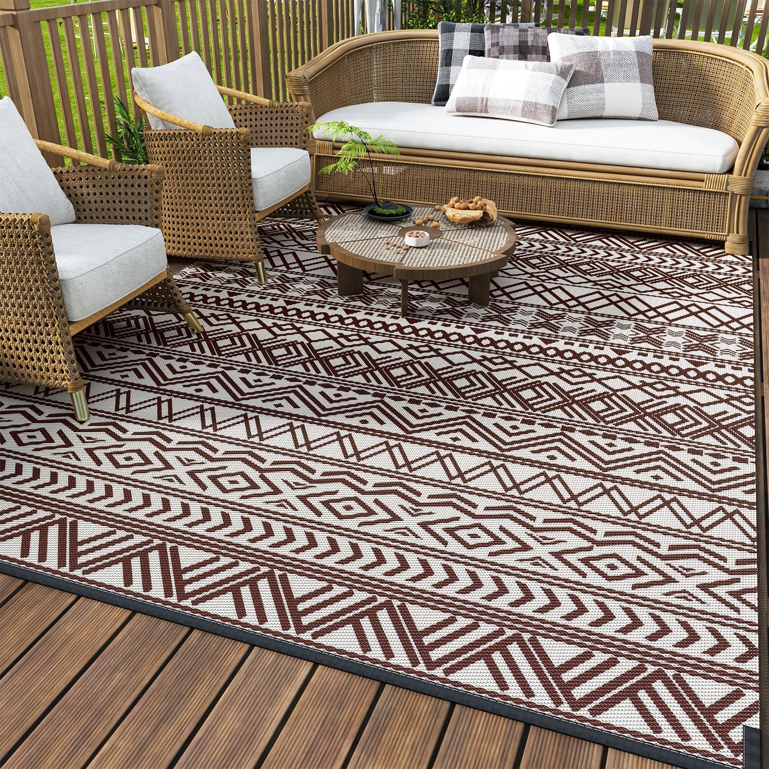 MontVoo-Outdoor Rug Carpet Waterproof 5x8 ft Reversible Patio Rug RV Camping Rug-Plastic Straw Rug Outside Indoor Outdoor Area Rug for Patio Deck Balcony Picnic Beach Outdoor Decor Boho Beige Brown