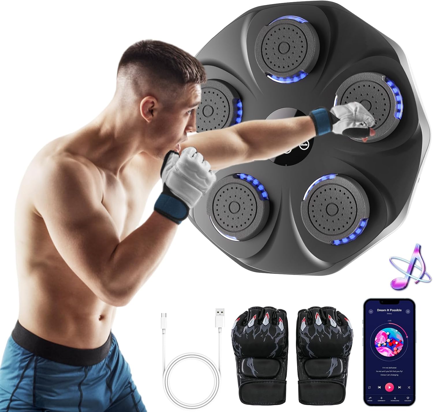 Music Boxing Machine, Smart Wall Mounted Bluetooth Boxing Music Punching Machine with Gloves, Musical Workout Home Gry Equiment, Music Beat Boxing Machine for Adult Kids