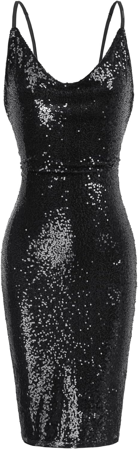 GRACE KARIN Women' Sexy Sequin Sparkly Glitter Cowl Neck Dresses Spaghetti Straps Bodycon Midi Club Party Dress