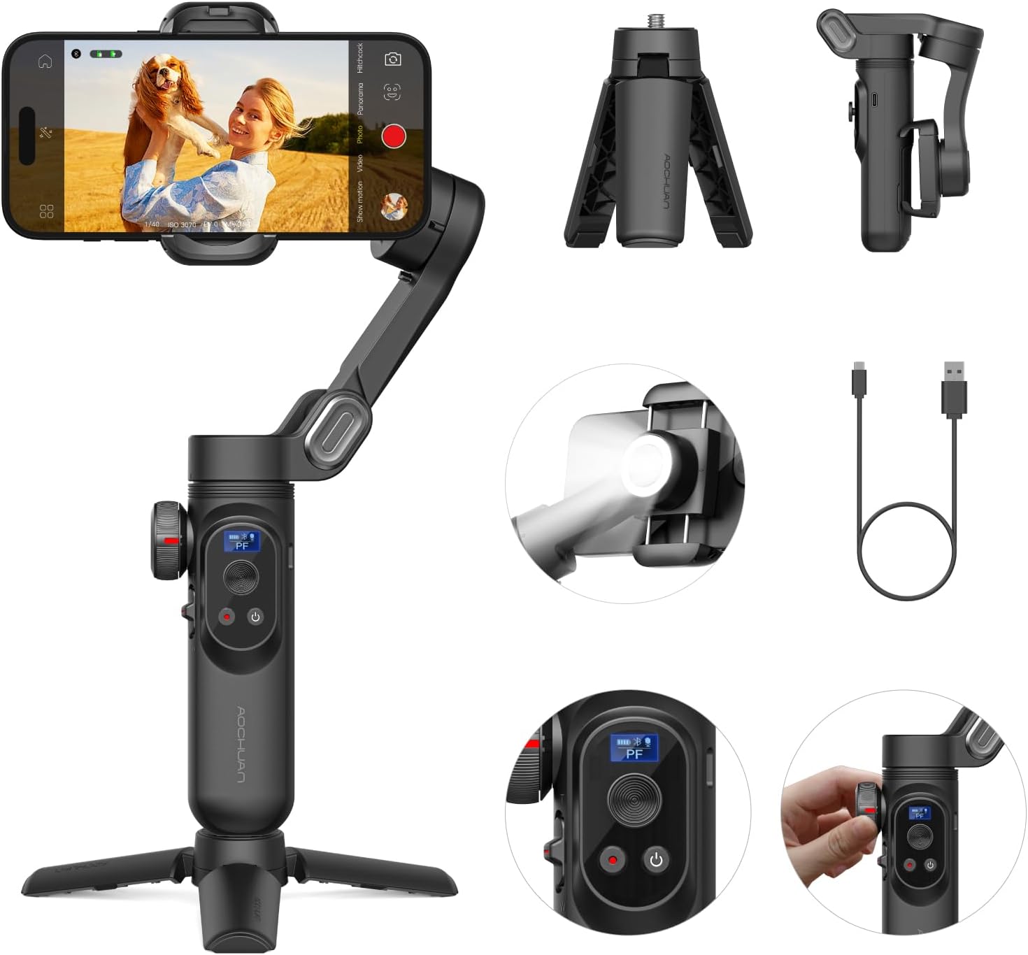 Gimbal Stabilizer for Smartphone, Gimbal w/Wireless Charging iPhone Gimbal for iPhone 15 Pro Max/Android Foldable 3-Axis Handheld Phone Gimbal for Video Recording Face Tracking-Smart X Pro