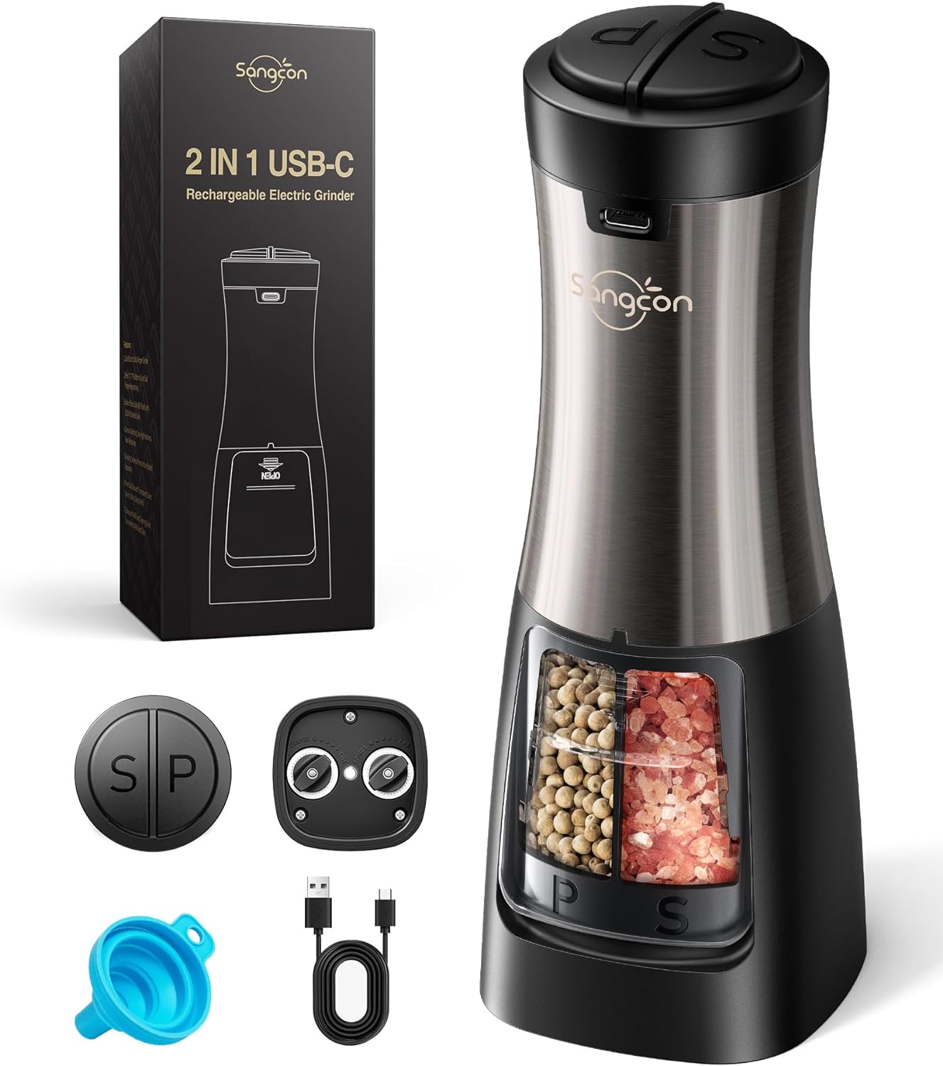 2 in 1 Electric Salt and Pepper Grinder Set Shaker USB Rechargeable, Sangcon Salt and Pepper Grinder Mill Set Dual In One, Automatic Refillable Adjustable Coarseness Ceramic Grinder with Light