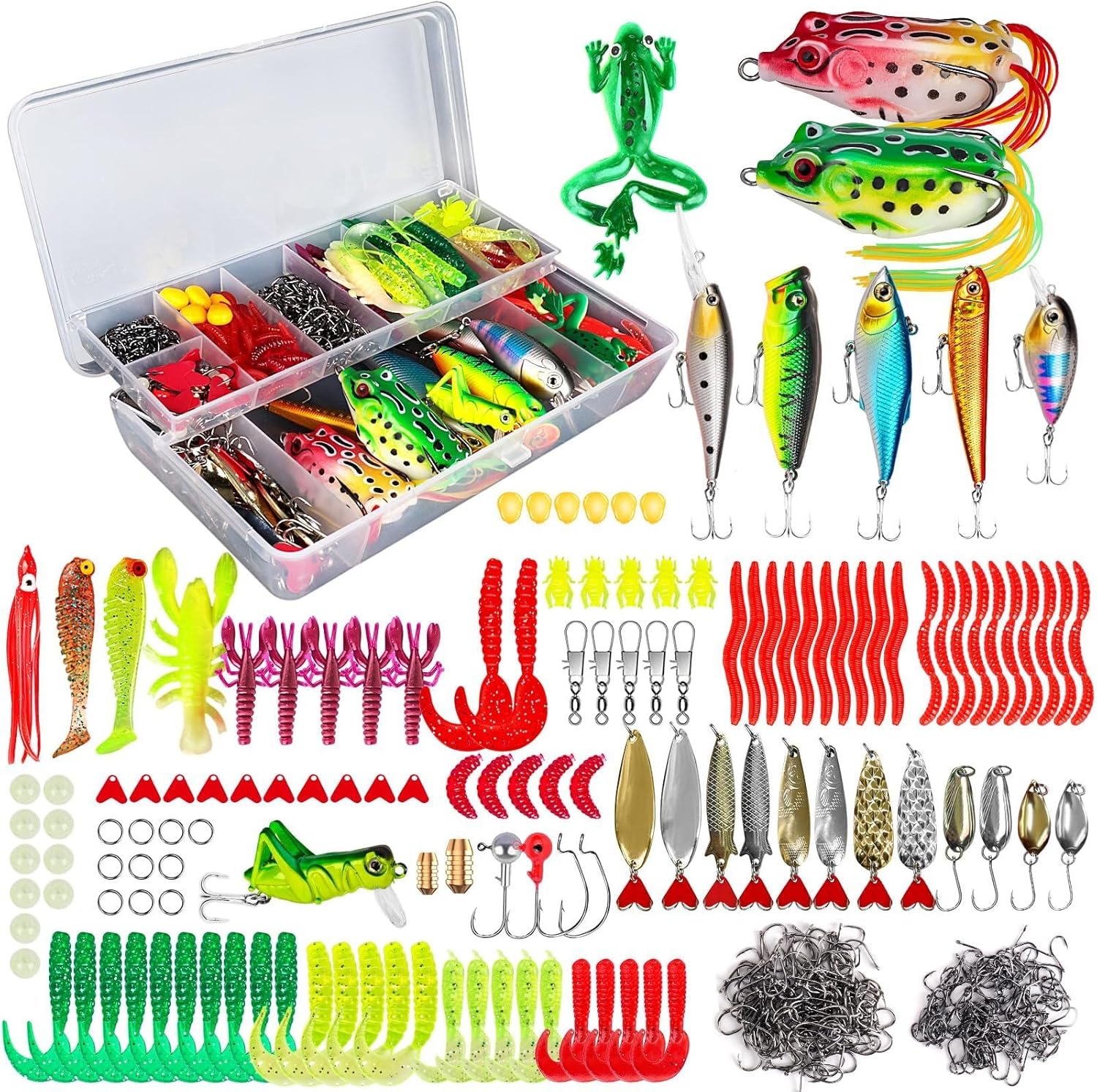 Fishing Lures Kit for Freshwater Saltwater, Bait Tackle Box for Bass Trout Salmon,Including Topwater Lures,Crankbaits, Spinnerbaits, Plastic Worms, Jigs, Fishing Gear Lures Set,375pcs Tackle Box