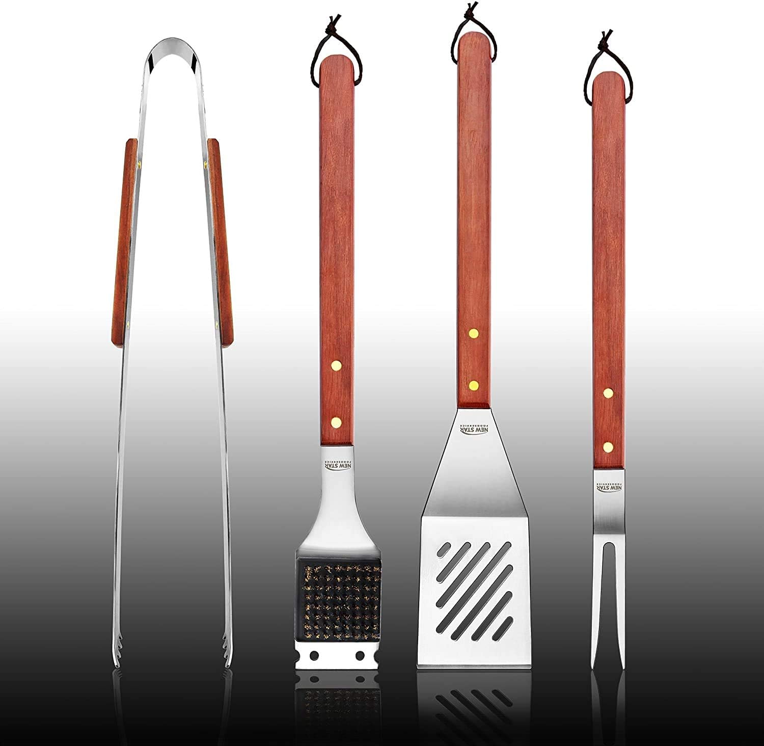 New Star Foodservice 59007 Stainless Steel BBQ Tool Set with Solid Hard Wood Handles, Set of 4