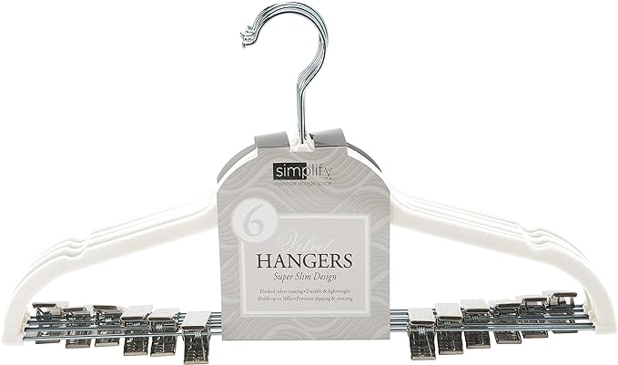 Simplify 6 Pack Velvet Hangers with Clips | Skirt and Pants | Slim Space Saving | Closet Organization | Non-Slip | Prevent Creases | Swivel Neck | Durable | White