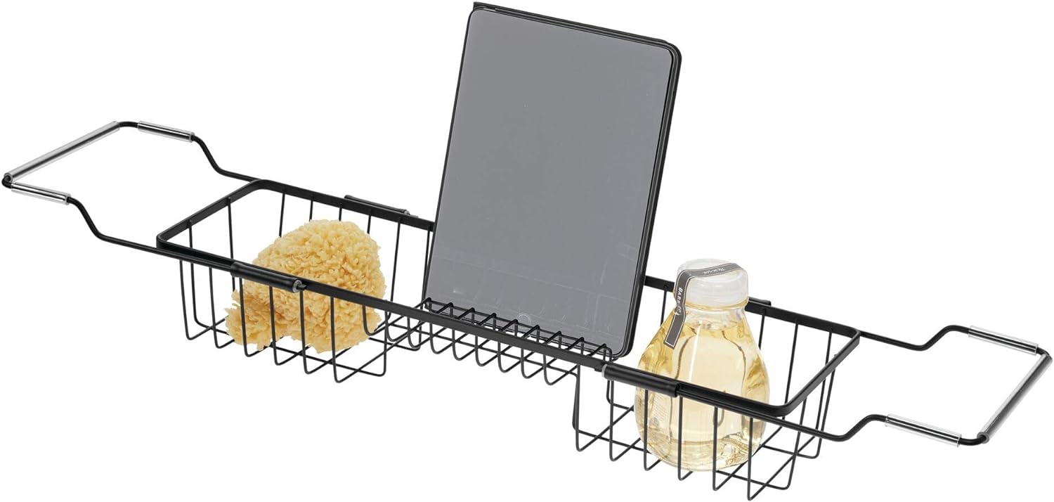 iDesign Everett Metal Adjustable Over the Tub Caddy Basket for Master, Guest, Kid' Bathroom, 22.55 x 6.7 x 4.41, Matte Black