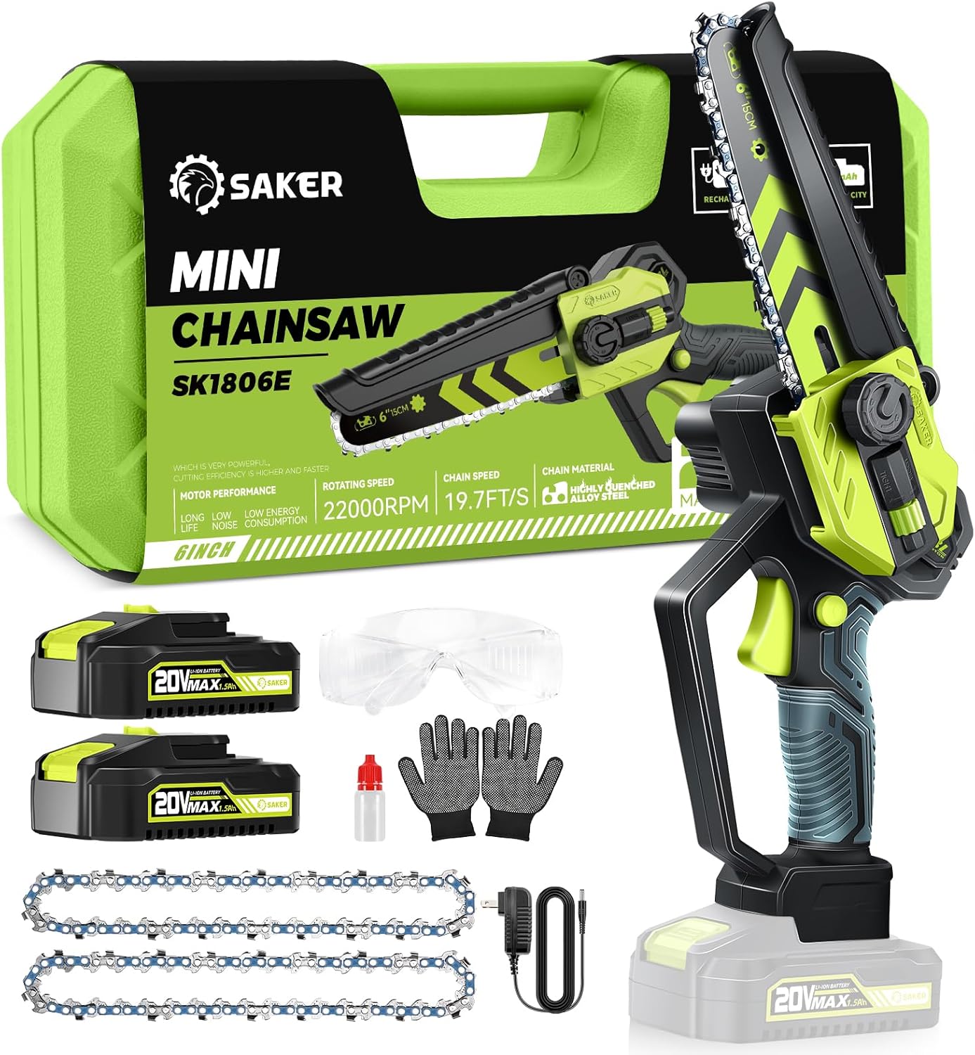 Saker Mini Chainsaw|6 Inch Chainsaw[2024 Upgraded Motor]|Mini Cordless Electric Chain Saw|Small Handheld Portable Chainsaw Battery Powered Chain Saw for Tree Trimmer and Woodworking(2 Batteries)