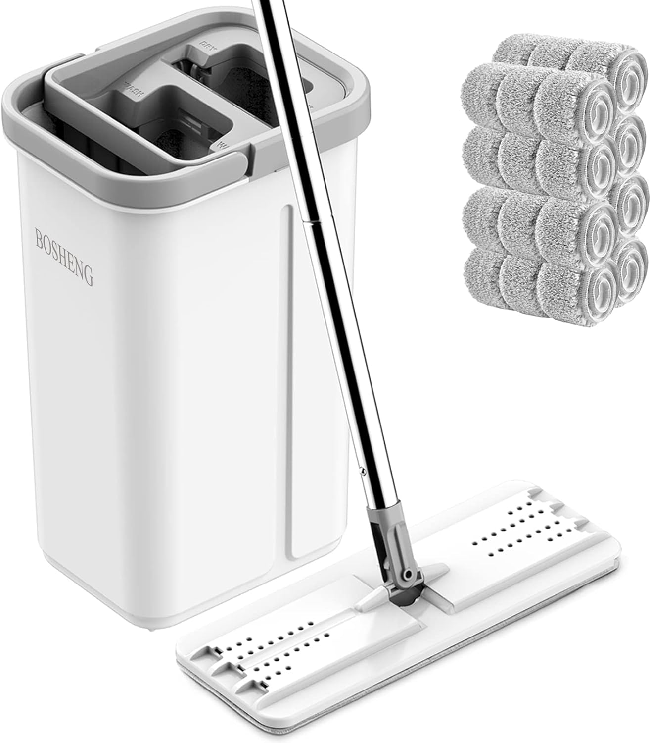 Mop and Bucket with Wringer Set, Hands Free Flat Floor Mop and Bucket, 8 Washable Microfiber Pads Included, Wet and Dry Use, Home Floor Cleaning System for All Floor Types and Windows