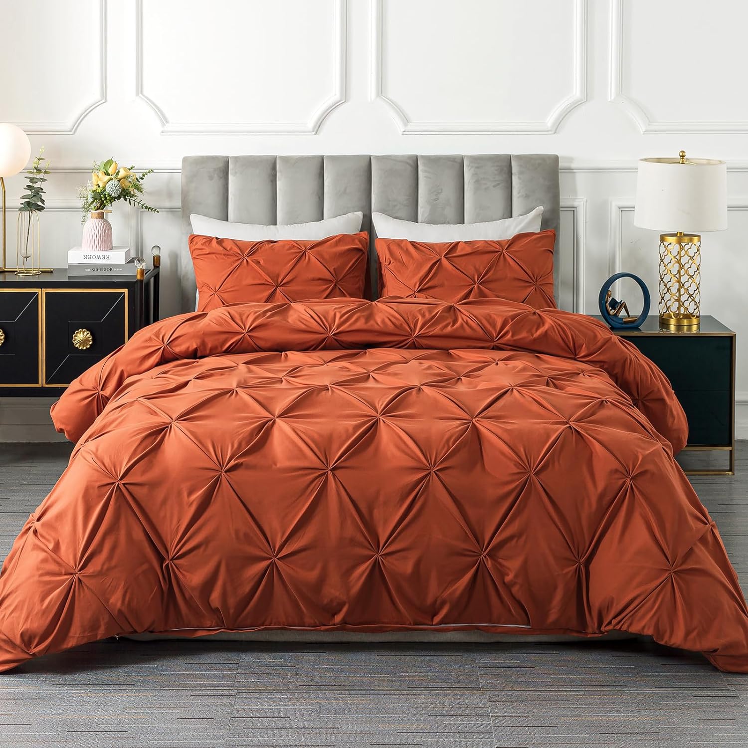 Litanika Terracotta Pinch Pleat Duvet Cover Queen(90x90Inch), 3 Pieces(1 Duvet Cover, 2 Pillowcases) Luxurious Pintuck Bedding Set, Soft Microfiber Duvet Cover with Zipper Closure & Corner Ties