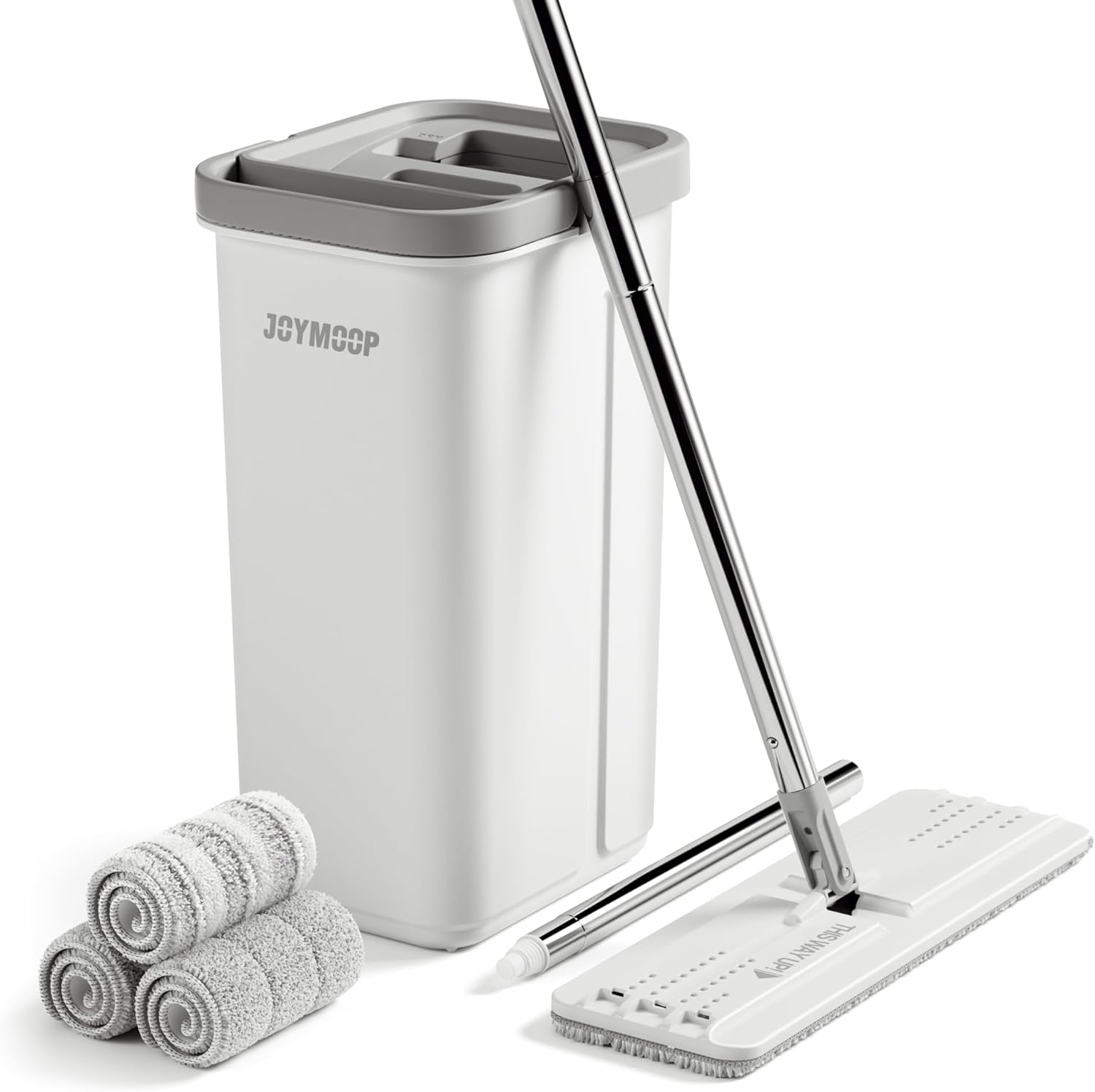 JOYMOOP Mop and Bucket with Wringer Set, Hands Free Flat Floor Mop and Bucket, 60" Mop with 3 Reusable Microfiber Pads, Wet and Dry Use, Floor Cleaning System