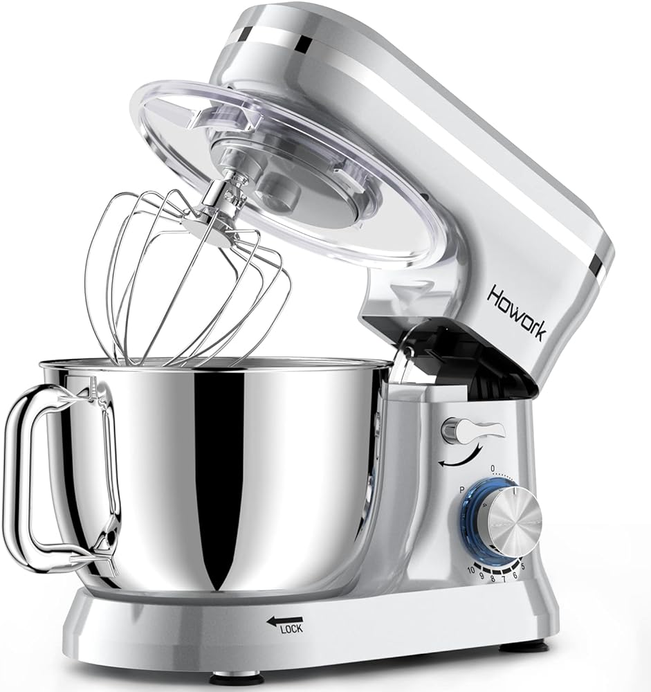 HOWORK Electric Stand Mixer,10 p Speeds With 6.5QT Stainless Steel Bowl,Dough Hook, Wire Whip & Beater,for Most Home Cooks,Silver