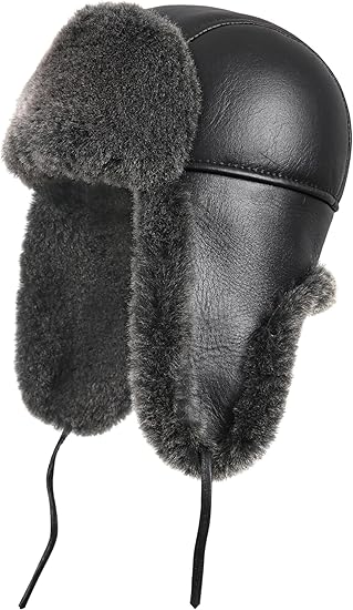 Leather Aviator Shearling Ushanka Trapper Hat Russian Sheepskin Cap Real Fur Winter Hat with Ear Flaps for Men Women