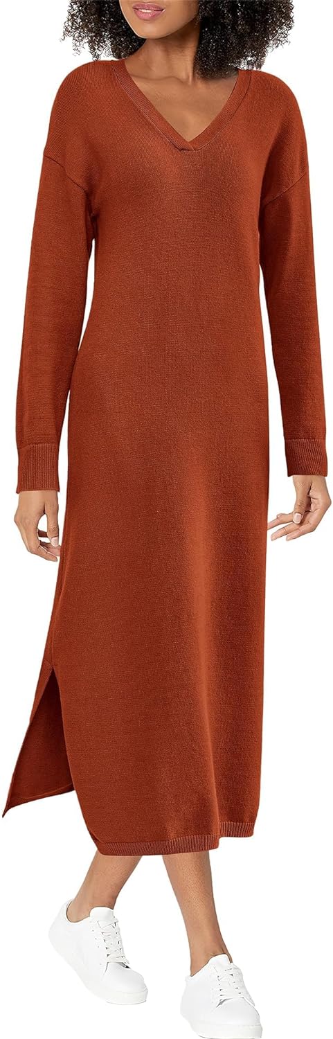 BTFBM Women Fall Sweater Dress V Neck Long Sleeve Slit Maxi Dresses Casual Knit Oversized Sweaters 2024 Winter Clothes