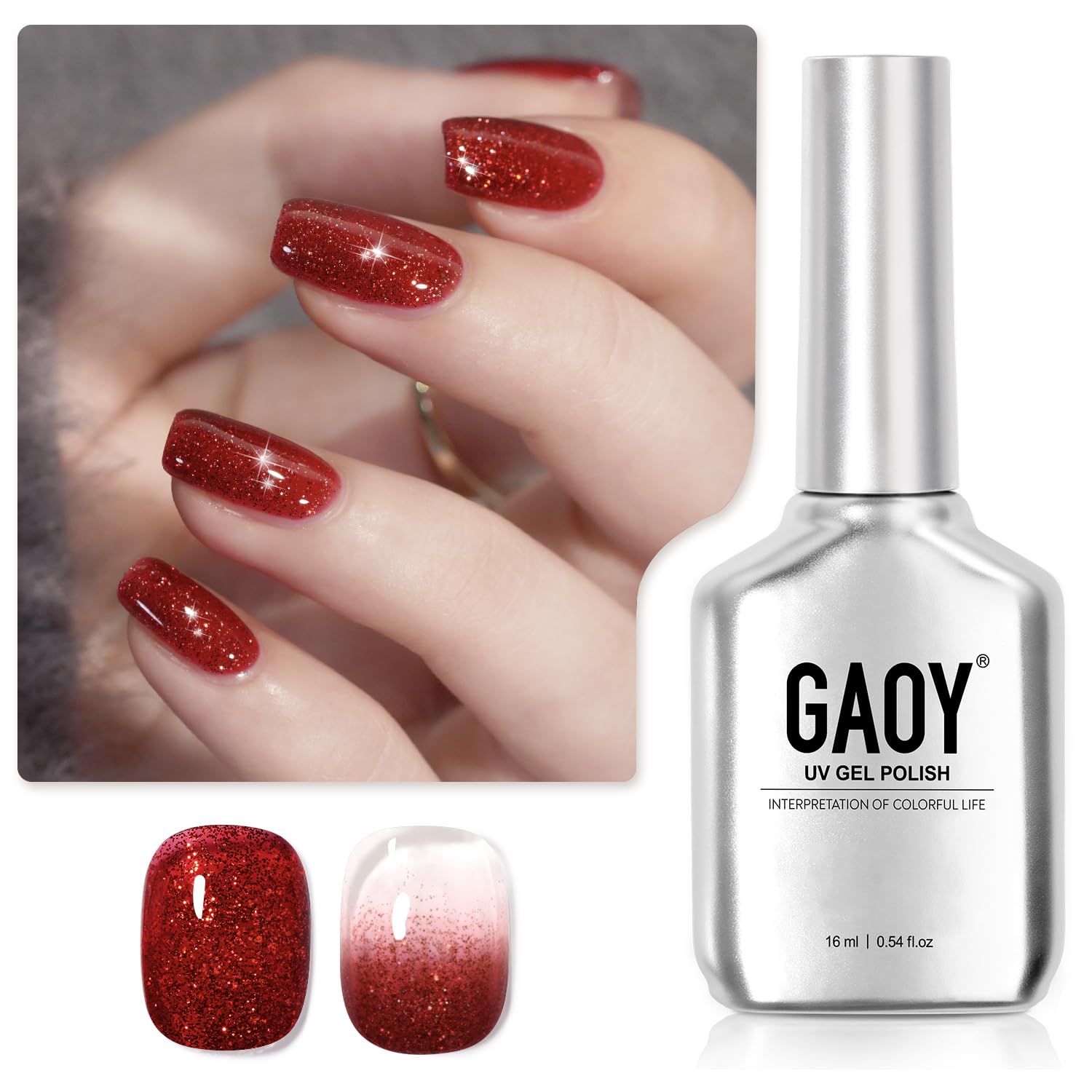 GAOY Glitter Gel Nail Polish, 16ml Sparkly Red Jelly Gel Polish, UV Light Cure for Nail Art DIY at Home, 1147 Christmas Red