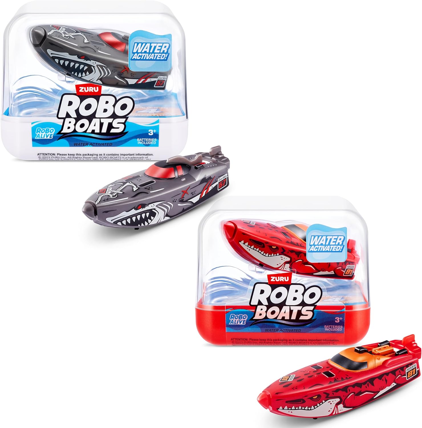 Robo Alive Robo Boats, White Shark & Dino Shark Boat, 2 Pack, by ZURU Water Activated Boat Toy, (Amazon Exclusive)