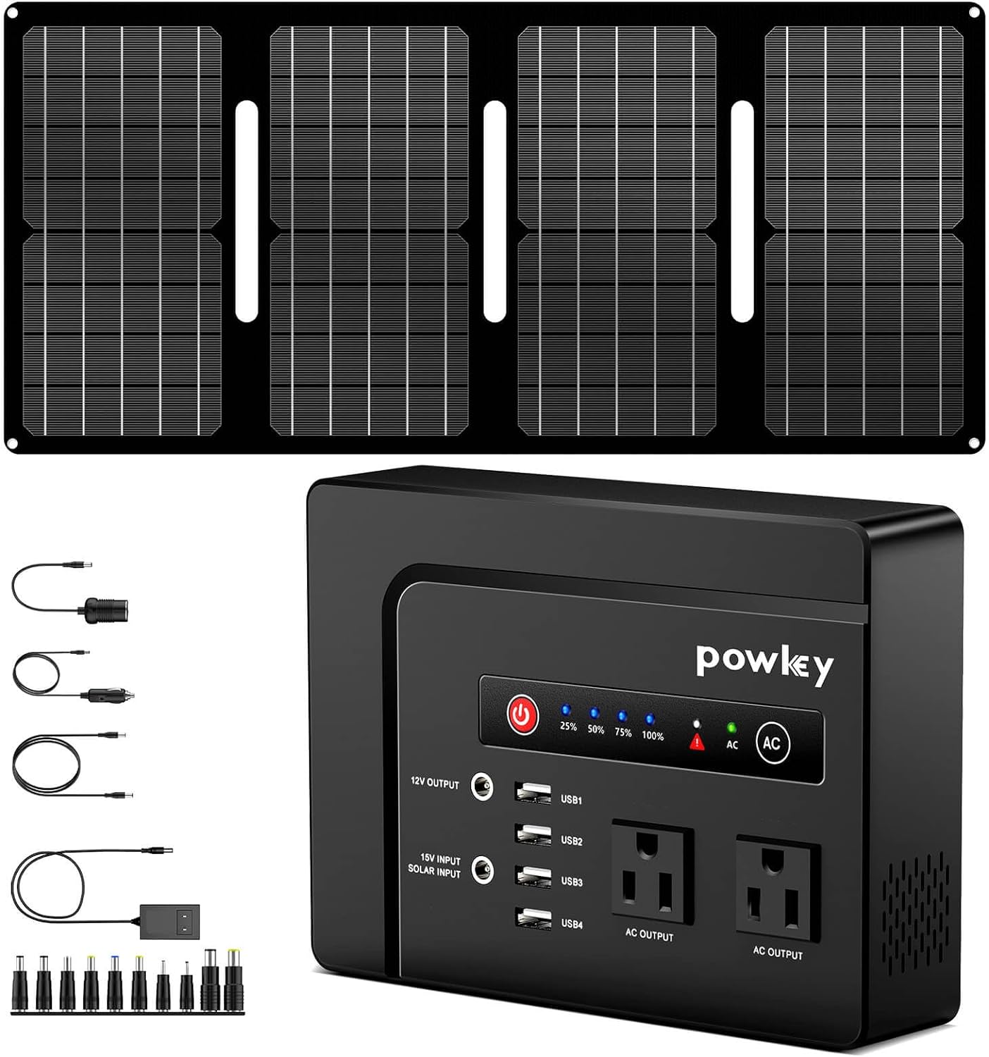 Powkey 200W Portable Power Station with Solar Panel, 40W Foldable Solar Panel with 146Wh AC Power Bank, High Eifficiency Waterproof Solar Panel Kit with Battery Bank for Outdoor Camping Home Backup