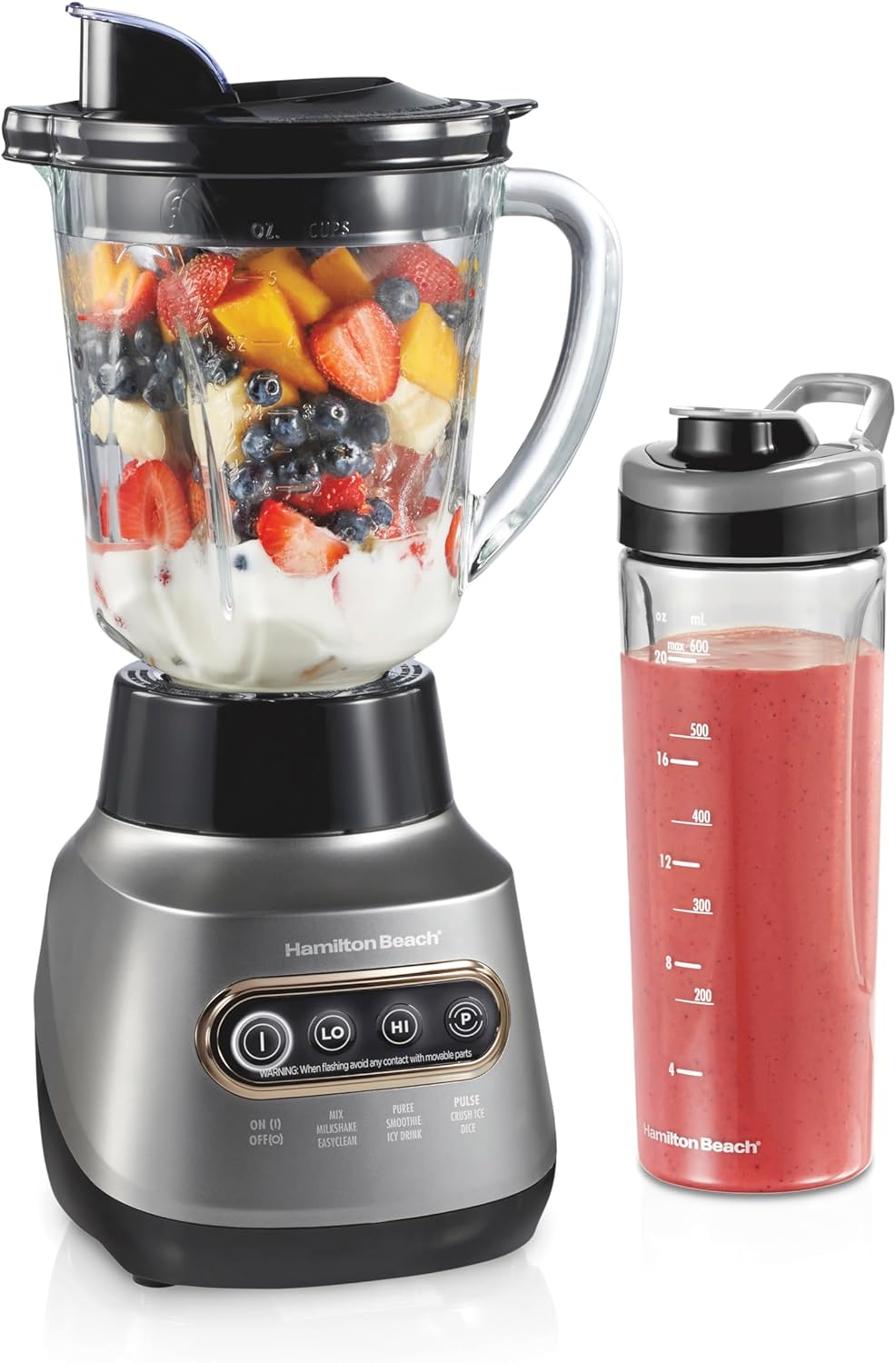 Hamilton Beach Wave Action Blender for Shakes and Smoothies, Stainless Steel Ice Sabre Blades, 40oz Glass Jar, 20oz Blend-In Portable Travel Jar, 800 Watts, Quiet Design, Gray (58181)