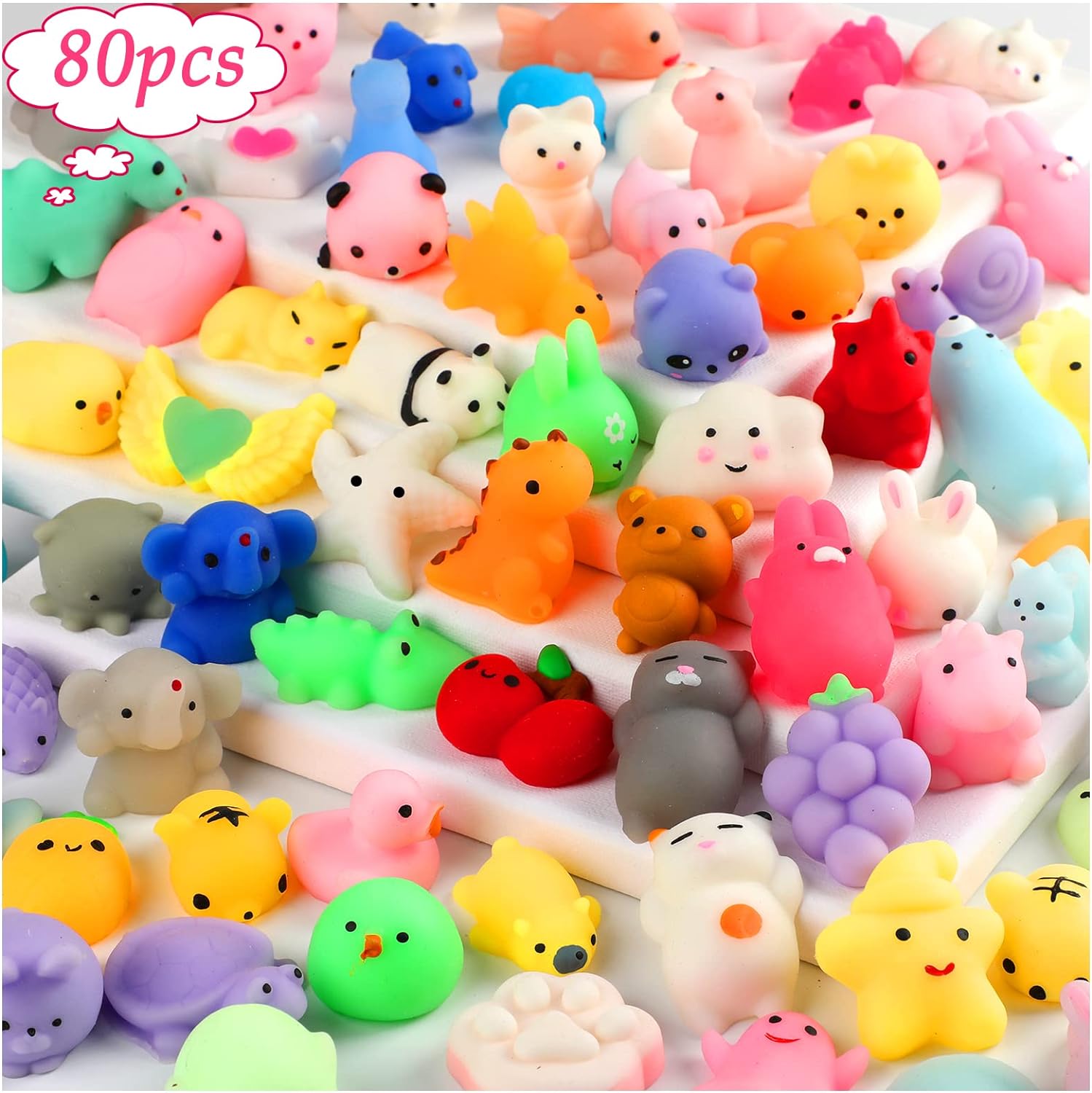 80pcs Mochi Squishy Toys, Mini Kawaii Squishy Fidget Toys Bundles Squishies Party Favors for Kids Gift for Easter Basket Stuffers Egg Fillers Birthday Classroom Prize Pinata Christmas Stocking