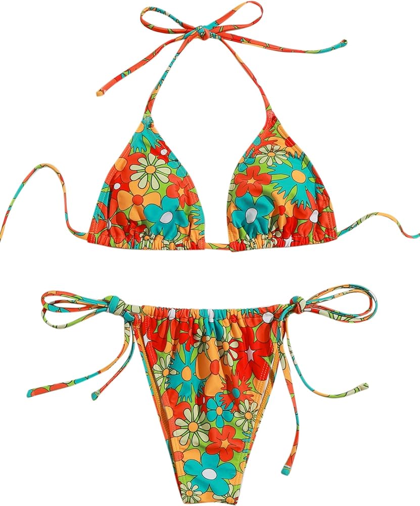 SOLY HUX Women's Floral Print 2 Piece Swimsuits Cute Bikini Set Halter Triangle Sexy Bathing Suit
