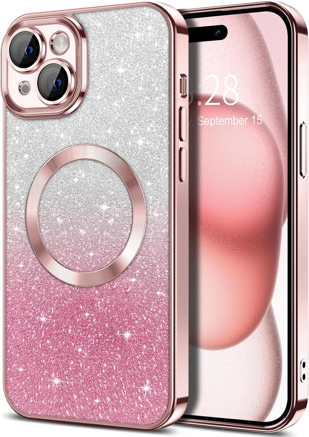 Hython for iPhone 15 Plus Case Clear Magnetic Glitter Phone Cases [Compatible with MagSafe] Full Camera Lens Protector Slim Gradient Sparkle Luxury Plating Shockproof Protective Cover Women, Pink