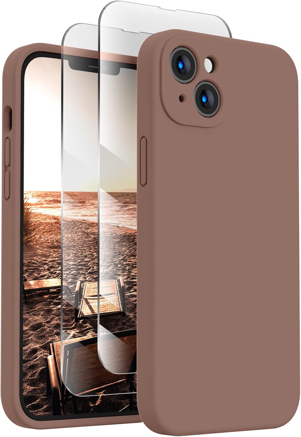 FireNova Designed for iPhone 13 Case, Silicone Upgraded [Camera Protection] Phone Case with [2 Screen Protectors], Soft Anti-Scratch Microfiber Lining Inside, 6.1 inch, Light Brown