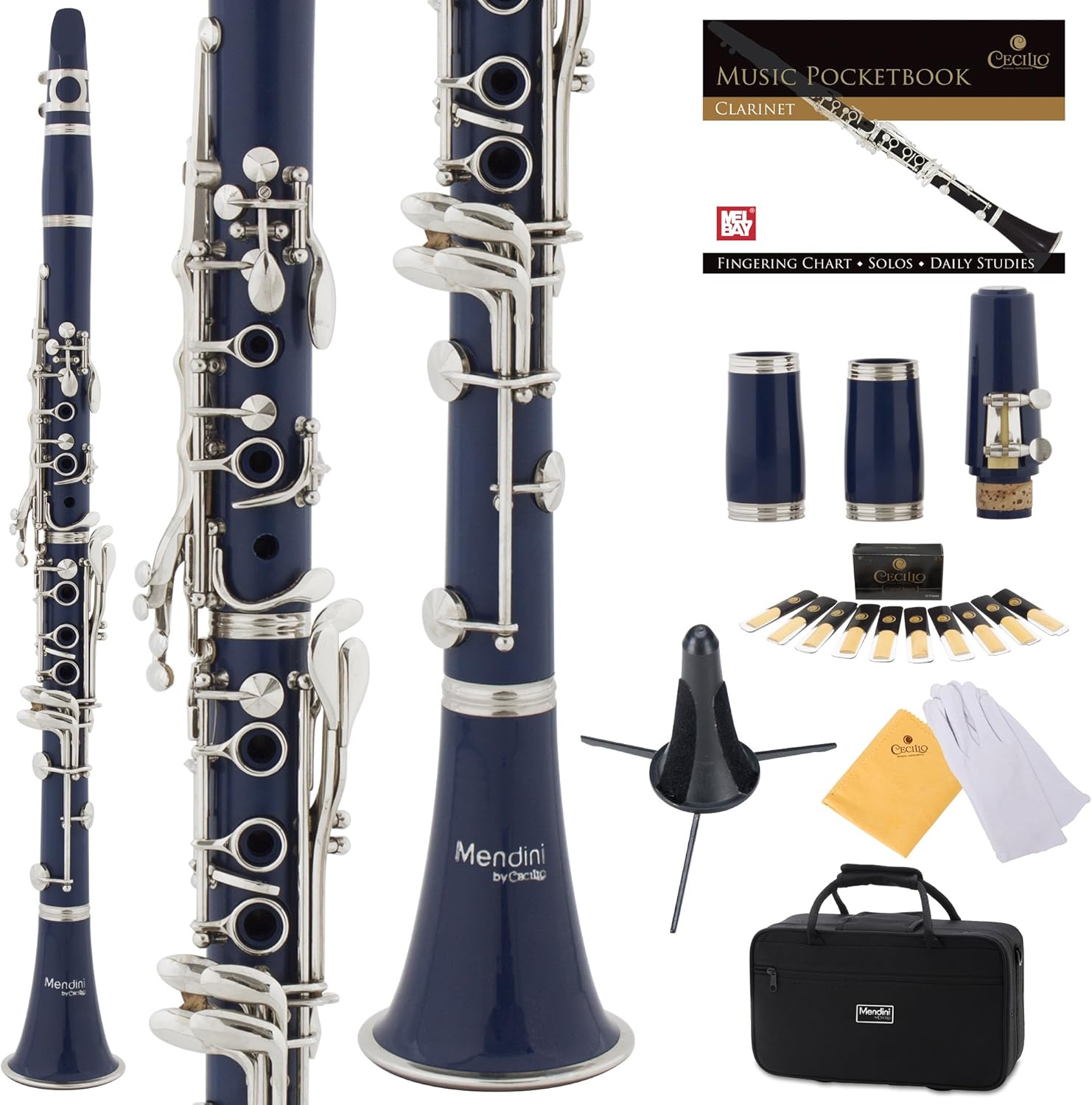 Mendini by Cecilio B Flat Beginner Clarinet with 2 Barrels, Case, Stand, Book, 10 Reeds, and Mouthpiece - Bb Student Clarinet Set, Wind & Woodwind Musical Instruments, Blue Clarinet