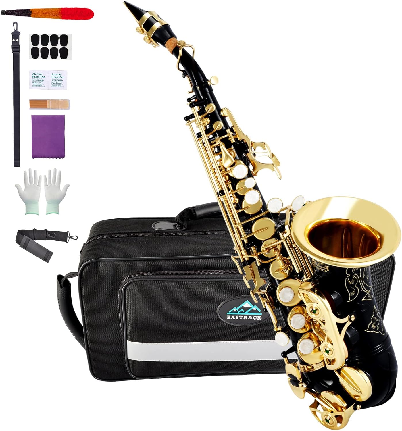 EASTROCK Soprano Saxophone Curved Bb Flat Black Sax Instruments for Beginners Intermediate Players with Carrying Case,Mouthpiece,Pads,Reed,Cleaning kit,neck Strap,White Gloves