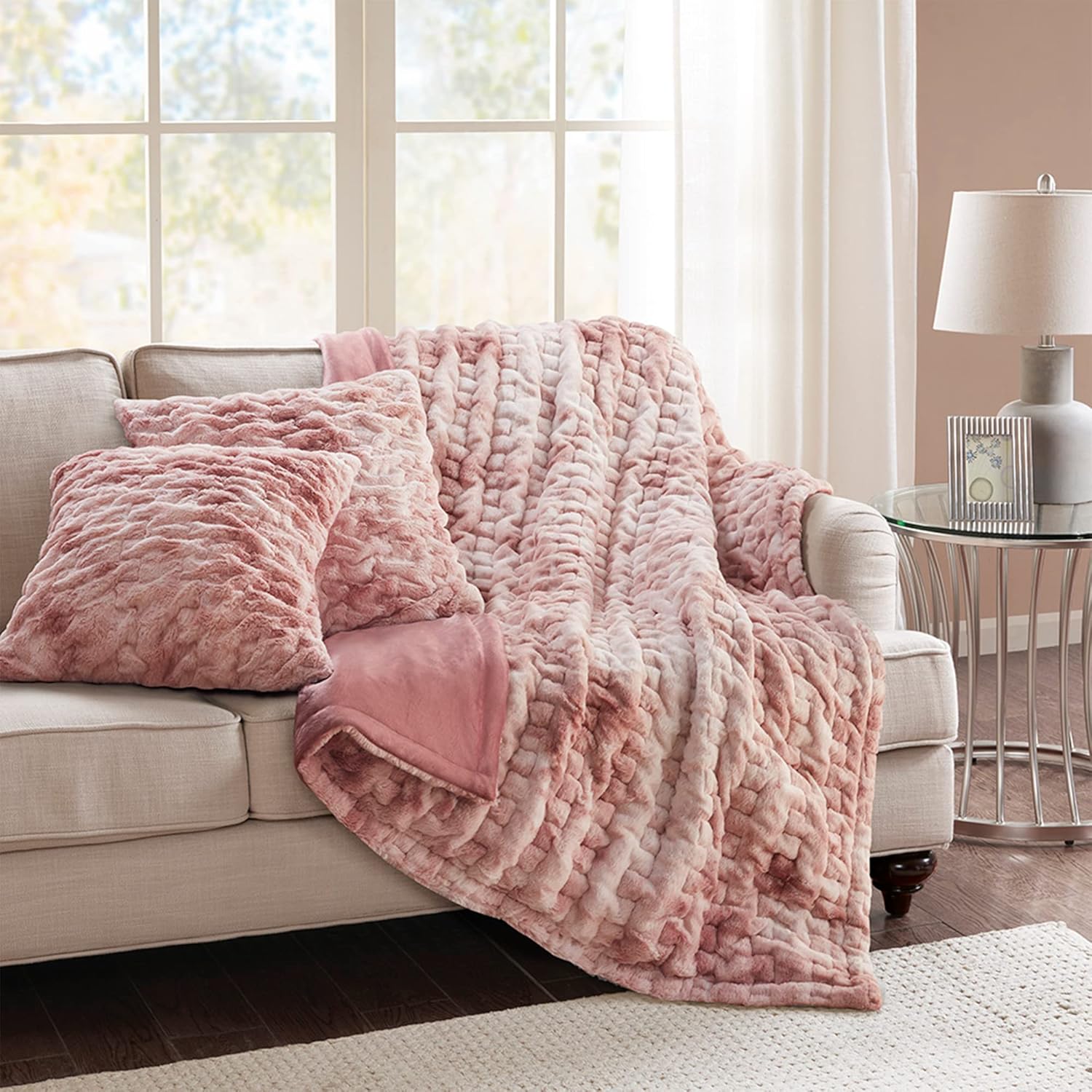 Comfort Spaces Luxurious & Fuzzy Soft Ruched Faux Fur Plush Throw Blanket Set with 2 Matching Square Pillow Covers, for Sofa,Chair, Couch, Living Room, Home Office, Blush Tie Dye 50x 60