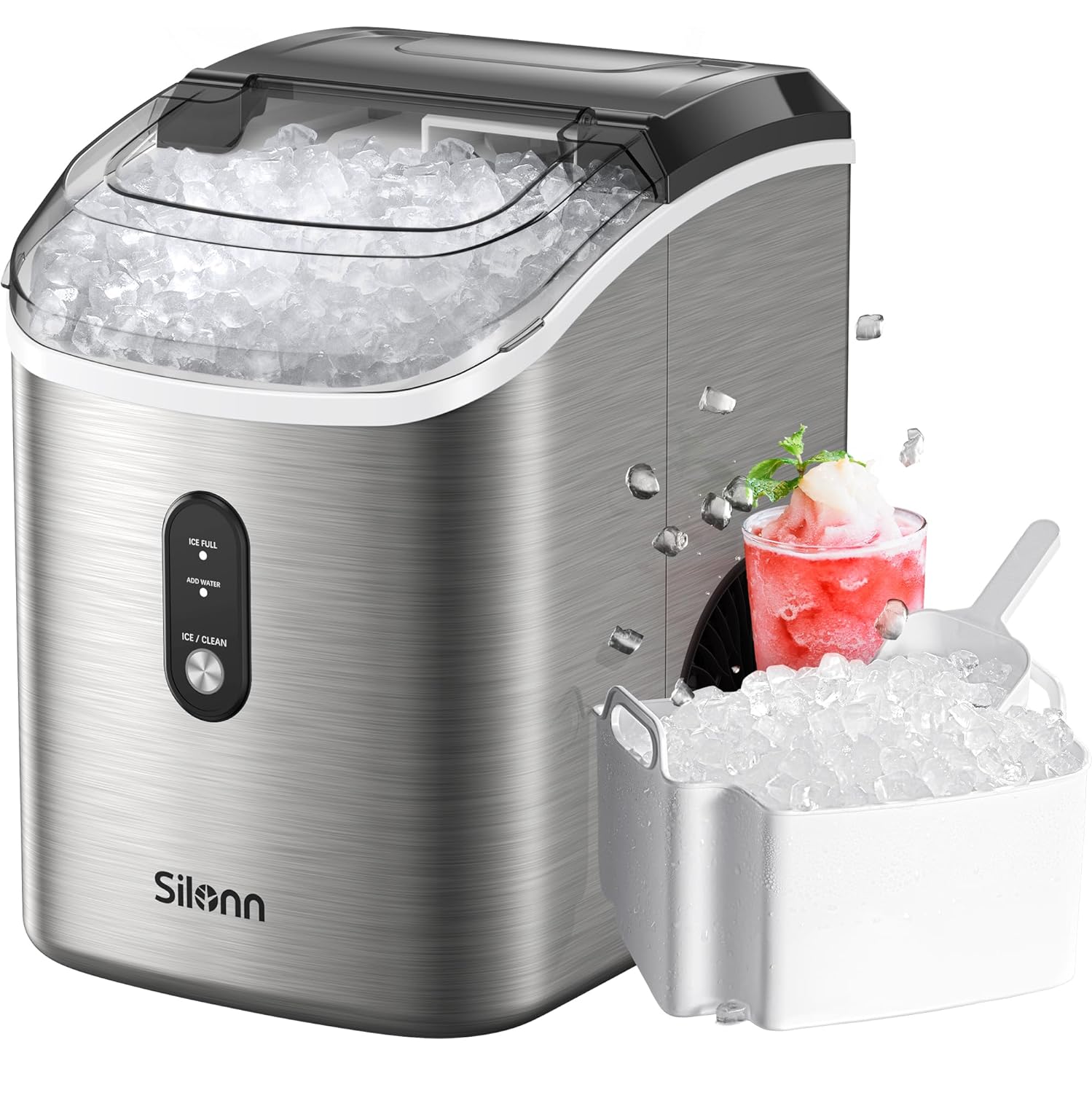 Nugget Countertop Ice Maker, Silonn Chewable Pellet Ice Machine with Self-Cleaning Function, 33lbs/24H, Portable Ice Makers for Home, Kitchen, Office, Stainless Steel