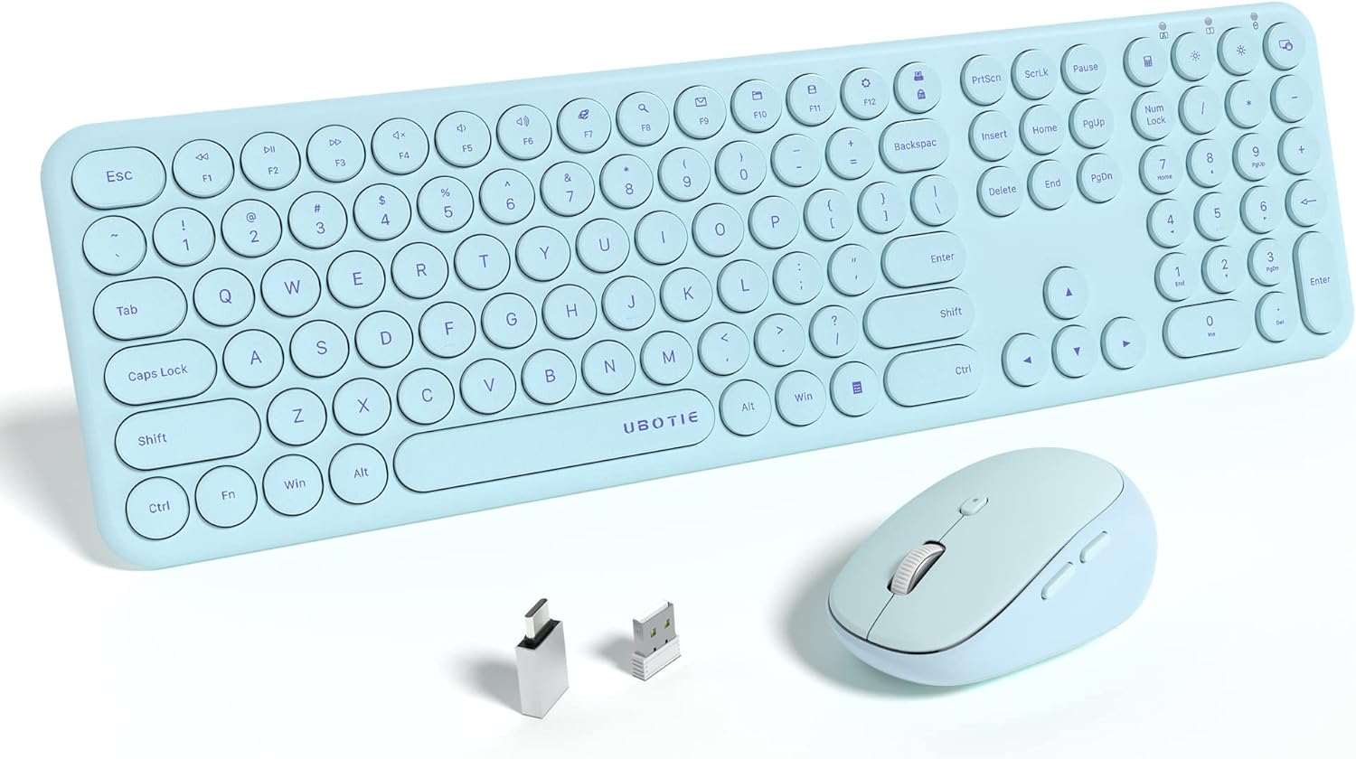 UBOTIE Wireless Keyboards and Mouse, Silent Scissor Switches Slim Keyboards Mice Set,111 Round Keycaps Quiet Full Size with Adjustable DPI Mouse for Office (Crystal Blue)